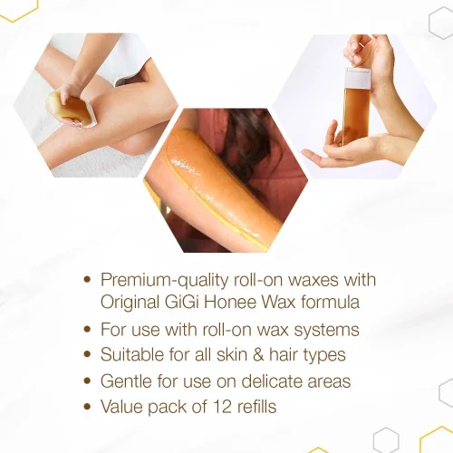 Vista 4 de GiGi Cera de depilación Roll-On Honee multiusos, fácil y rápida, recarga de cera suave, 2.8 oz., paquete de 12