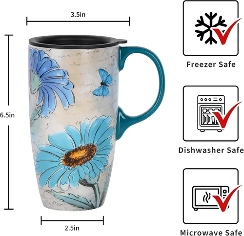 Vista 8 de Taza de café de cerámica de 17 onzas con tapa, taza de viaje de porcelana floral de margarita, taza de café alta con asa, apta para microondas