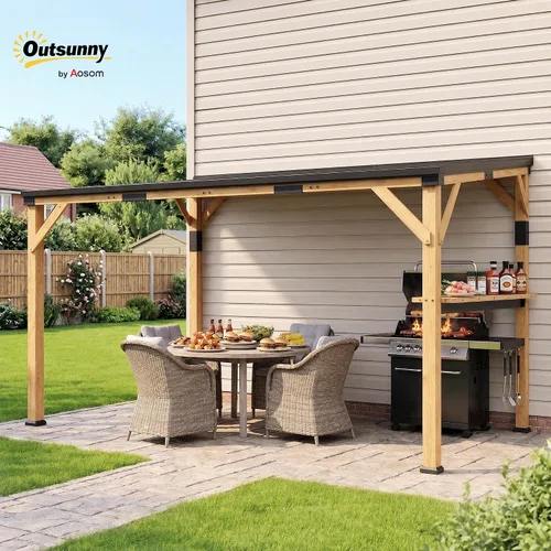 Vista 2 de Outsunny Gazebo de madera de 10'x14' con techo inclinado de acero