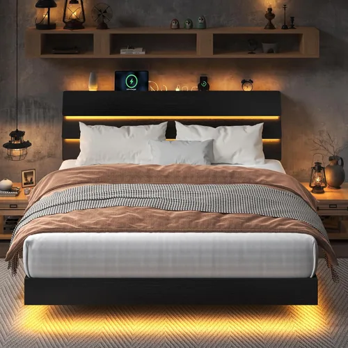 Vista 12 de Feonase Base de cama flotante individual con luces LED y estación de carga, marco de cama de madera tamaño individual con cabecera