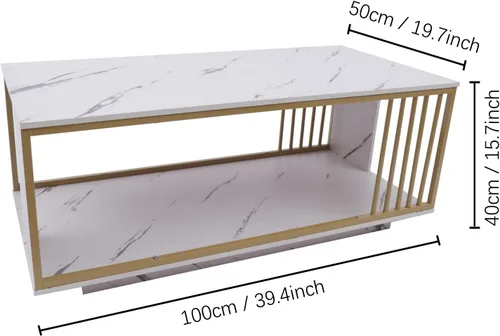 Vista 3 de Mesa de centro de mármol, mesa de centro moderna de mármol sintético de 2 niveles, mesa auxiliar rectangular con marco de metal dorado, mesa de café