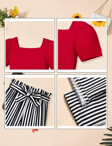 Vista 38 de DONWEN Conjunto de 3 piezas de ropa para niñas pequeñas y niñas con cuello cuadrado + pantalones elegantes + diadema para primavera y verano