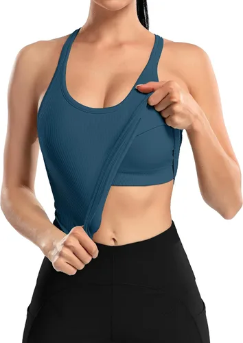 Vista 18 de ATTRACO Camiseta corta acanalada de entrenamiento para mujer con brasier integrado para yoga, espalda cruzada, ajuste ajustado