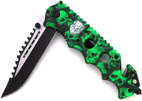 Vista 3 de Snake Eye Tactical Cuchillo de bolsillo - Cuchillo plegable de hoja de 3.5 pulgadas - Equipo y equipo EDC estilo rescate (calavera verde)