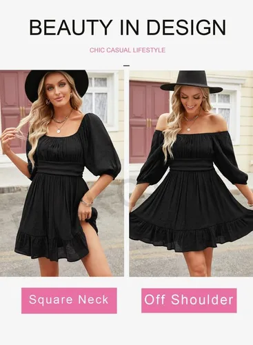 Vista 2 de Dokotoo Womens Summer Dresses Square Neck Tie Back Lantern Sleeve Ruffle A-Line Casual Dress