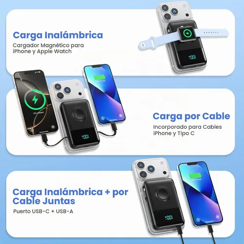 Vista 4 de Cargador portátil magnético para el iPhone, 10800mAh Power Bank Cables Negro