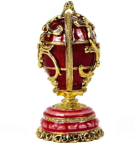 Vista 3 de Caja de regalo de joyería para collar, huevo de Faberge, adorno doble, caja de joyería de huevo imperial rojo (mediana), 3.35 x 2.2 pulgadas