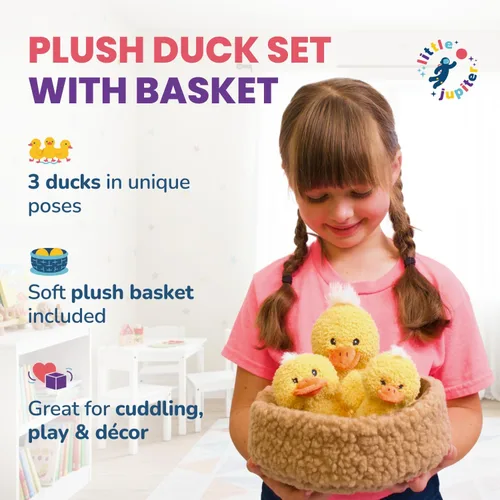 Vista 2 de Juego de juguetes de peluche de la familia de patos de tres piezas, con tres juguetes de peluche de pato amarillo con canasta, peluche suave de pato