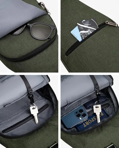 Vista 5 de WATERFLY - Mochila media bandolera con correa antirrobo para viajes, bolsa de pecho, de hombro