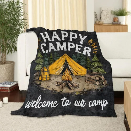 Vista 2 de Manta de franela suave y acogedora con diseño de campista Happy Campfire y Forest Tent Impreso Fondo negro para amantes del aire libre, dormitorio