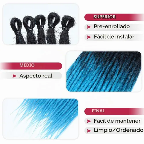 Vista 3 de Kraler Extensiones de Rastas Azules, Extensiones de Rastas Sintéticas de Ganchillo de 22", 100% Hechas a Mano, Rastas de Una Sola Punta, Delgadas