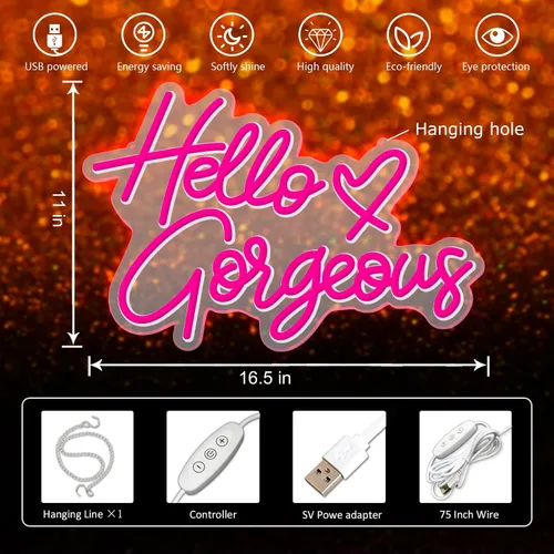 Vista 7 de Letrero de neón con texto en inglés "Hello Gorgeous Neon", luces LED de neón rosadas para el hogar, boda, cumpleaños, telón de fondo, fiesta