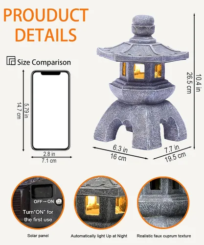 Vista 4 de Nacome - Estatua de lámpara de pagoda solar para jardín, decoración zen asiática para interiores y exteriores para paisaje, balcón, jardín, patio