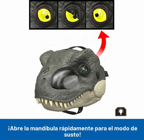 Vista 5 de Mattel Jurassic World Rebirth T-Rex Rage N Roar Máscara con ojos LED que se iluminan, acción de parpadeo con efecto de agresión de 3 niveles
