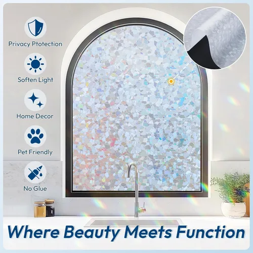 Vista 32 de rabbitgoo - Película de privacidad para ventanas con diseño de arco iris y vidrio manchado, patrón de diamante, calcomanía no adhesiva con tinte