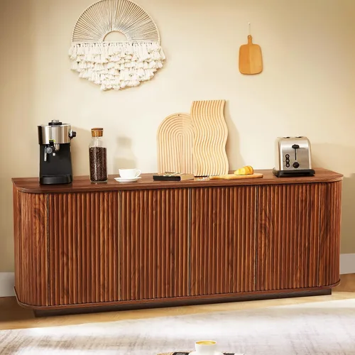 Vista 11 de Aparador de buffet de 64 pulgadas con almacenamiento, moderna credenza acanalada con estantes ajustables, mesa consola de barra de café de madera