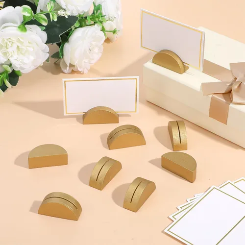 Vista 7 de 50 soportes dorados para números de mesa, tarjeteros de madera con 50 tarjetas, soportes de números de mesa semicirculares para restaurantes, bodas