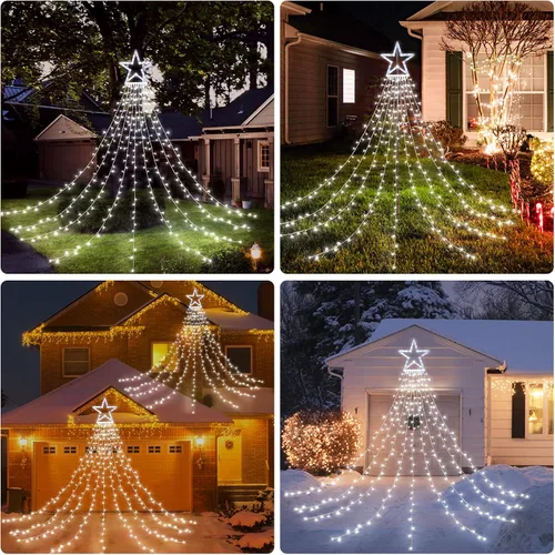 Vista 5 de BlcTec Luces de Navidad para exteriores, 317 luces LED de estrella de Navidad con 9 hebras de luces de árbol de cascada de 11.9 pies, 8 modos