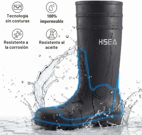 Vista 4 de HISEA Botas de lluvia para hombre con refuerzo de acero, botas de goma impermeables, botas de lluvia de PVC sin costuras, calzado protector Negro
