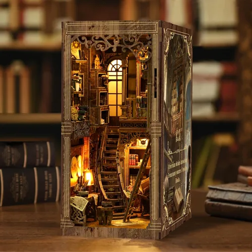 Vista 3 de Kit de rincón de libros de biblioteca antigua, rompecabezas 3D de madera con luz LED, modelo de estantería en miniatura, decoración cultural