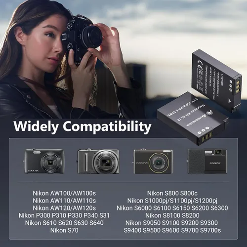 Vista 5 de Powerextra EN-EL12 Batería y cargador 2 unidades compatibles con Nikon Coolpix A1000, B600, Coolpix AW130, A900, W300, S1200pj, S9900, S9500, S9300