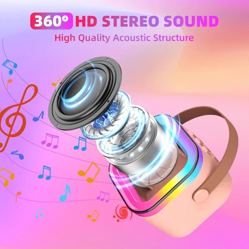 Vista 3 de Máquina de karaoke para niños, máquina de karaoke para niñas con 2 micrófonos inalámbricos, mini altavoz Bluetooth portátil para niños, máquina