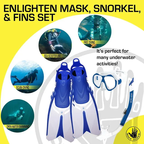 Vista 9 de Body Glove Juego de esnórquel para adultos con bolsa de viaje, máscara de buceo de vidrio templado, gafas de silicona, aletas de natación