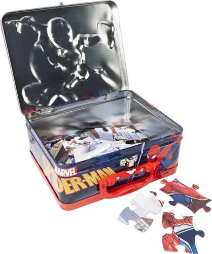 Vista 9 de Marvel Spiderman - Rompecabezas de 48 piezas en lata, rojo, azul, blanco Fiambrera Spider-Man con rompecabezas y colgador de puerta Juego