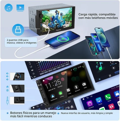 Vista 7 de EONON - Estéreo de coche de 7'' de doble DIN, inalámbrico CarPlay y Android Auto, receptores de audio para coche con cámara de respaldo AHD, DSP