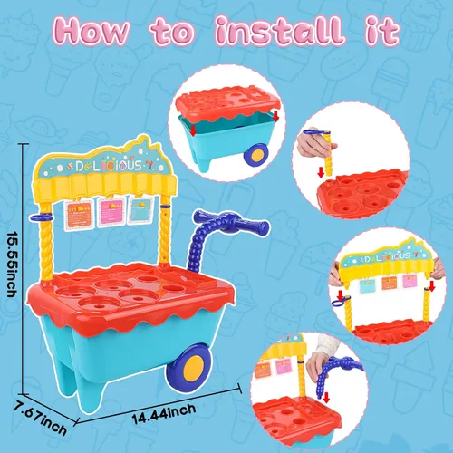 Vista 6 de Gifts2U Carrito de helado de juguete para niños, juego de 45 piezas de helado, tienda de juegos de simulación con carrito de almacenamiento
