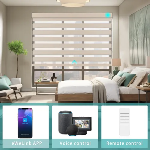 Vista 8 de Changshade Persianas Enrollables Motorizadas Inteligentes de Cebra Personalizadas para Ventanas y Puertas Interiores con Control Remoto Beige