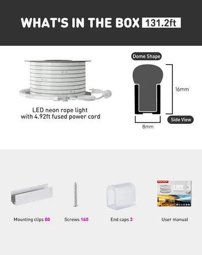 Vista 7 de Shine Decor Tira de luces LED AC 120V, cuerda de neón eco de 120 LED/m sin puntos, conectable y cortable, IP65 impermeable y resistente al clima