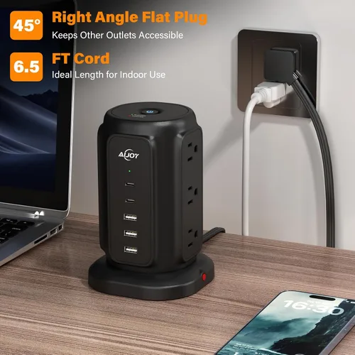 Vista 5 de AiJoy Power Strip Tower con 9 salidas de CA y estación de carga de 5 puertos USB 1200J Surge Protector, 6.5 Feet Extension Cord with Multiple