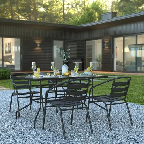 Vista 2 de Flash Furniture Lila - Juego de comedor de 5 piezas para patio, mesa de patio de vidrio templado de 55 pulgadas con agujero para paraguas, 4 sillas