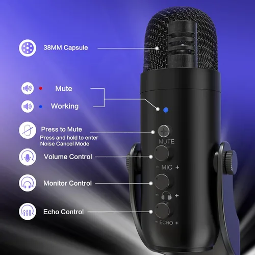 Vista 6 de ZealSound Micrófono de podcast para PC, micrófono USB con cancelación de ruido con ganancia, ajuste de volumen y botón de silencio, monitoreo y eco