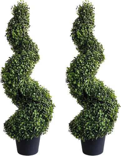 Vista 8 de Damomo Topiarios artificiales para exteriores, árbol topiario de boj en espiral sintético, 3 pies (2 piezas) planta exterior para decoración verde