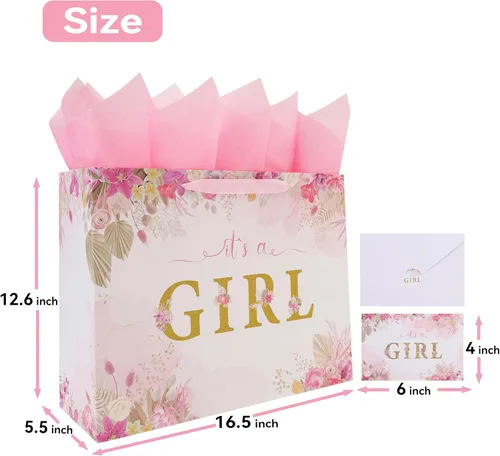 Vista 2 de Juego de bolsas de regalo extra grandes de 16.5 pulgadas con asas, tarjeta de felicitación, papel de seda rosa y calcomanías para niñas y niños