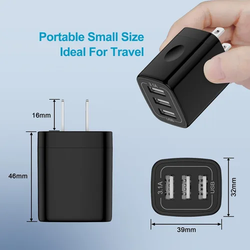 Vista 5 de Cargador de pared USB, paquete de 2 enchufes de pared de 3 puertos múltiples cargador rápido bloque cubo 3.1A adaptador de corriente para iPhone 17