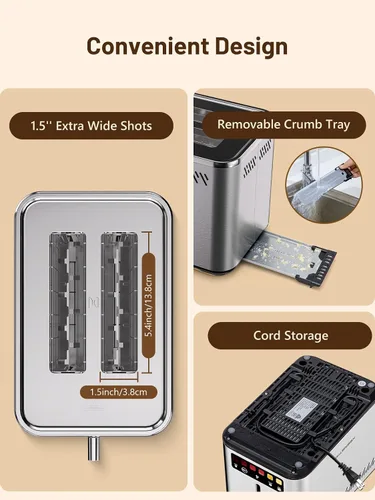 Vista 4 de KEENSTAR Tostadora táctil de 2 ranuras con 6 niveles de tostado, bagel, descongelación y temporizador, ranuras anchas de 1.5", bandeja extraíble