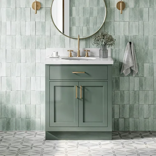 Vista 26 de ARIEL Hepburn - Tocador de baño de 30 pulgadas con fregadero, madera maciza, encimera y protector contra salpicaduras de cuarzo blanco puro de 1.5