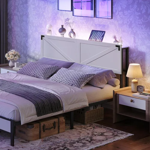 Vista 9 de MAHANCRIS Cabecera Solo Tamaño Queen, Cabecera con 2 Tomacorrientes y 4 Puertos USB, Cabecera Estilo Granja, con Luces LED, Almacenamiento Seguro