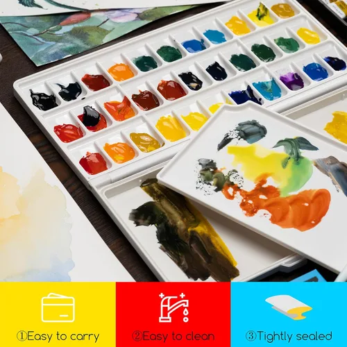 Vista 2 de MEEDEN Paleta de acuarela con tapa: paleta de pintura plegable hermética de 33 pozos con bandeja de mezcla grande, paleta de arte de pintura Negro