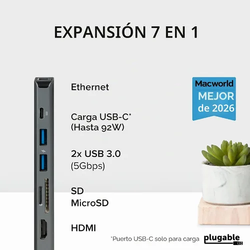 Vista 2 de Plugable Adaptador multipuerto USB C 7 en 1 sin controlador con Ethernet, HDMI 4K60Hz, carga de paso de 100 W, 2 USB 3.0, SD/microSD, para USB-C