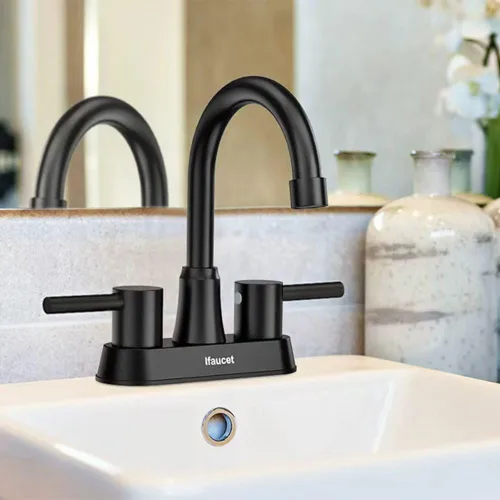 Vista 8 de Grifo de baño negro de 3 agujeros, grifos de baño para fregadero de 3 agujeros, grifo de lavabo de baño, juego central de 4 pulgadas y 2 asas, sin