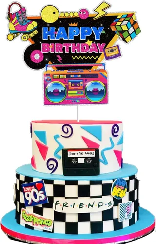 Vista 3 de Decoración de pastel de los años 90 para hombres y mujeres, suministros de fiesta de feliz cumpleaños de los 80, decoraciones de fiesta de los años