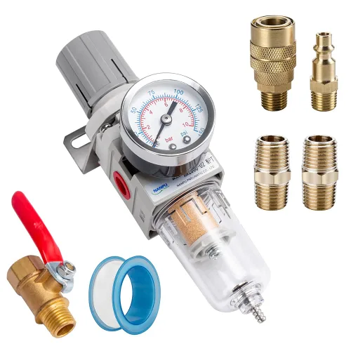 Vista 10 de NANPU Regulador de filtro de aire comprimido NPT de 1/2 pulgada combinado a cuestas, drenaje automático, elemento de latón de 5 micrones, cuenco