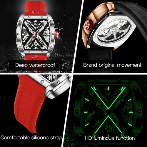 Vista 6 de OLEVS Tonneau - Relojes automáticos de esqueleto para hombre, de lujo, elegante, con banda de silicona, impermeable, luminoso, relojes de pulsera