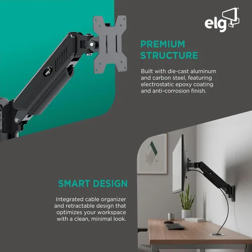 Vista 4 de ELG - Soporte de pared para monitor de resorte de gas, pantallas de movimiento completo de 17-35 pulgadas de hasta 19.8 libras, extensión de 15