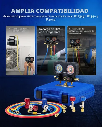 Vista 5 de OMT 3-Way AC Manifold Gauge Set para R1234yf R134a R404a con mangueras de 5