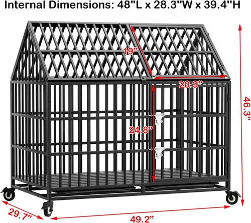 Vista 5 de Jaula para perros resistente de 50 pulgadas con 4 ruedas, doble puerta indestructible, a prueba de escapes, jaula grande XXL para interiores con 2